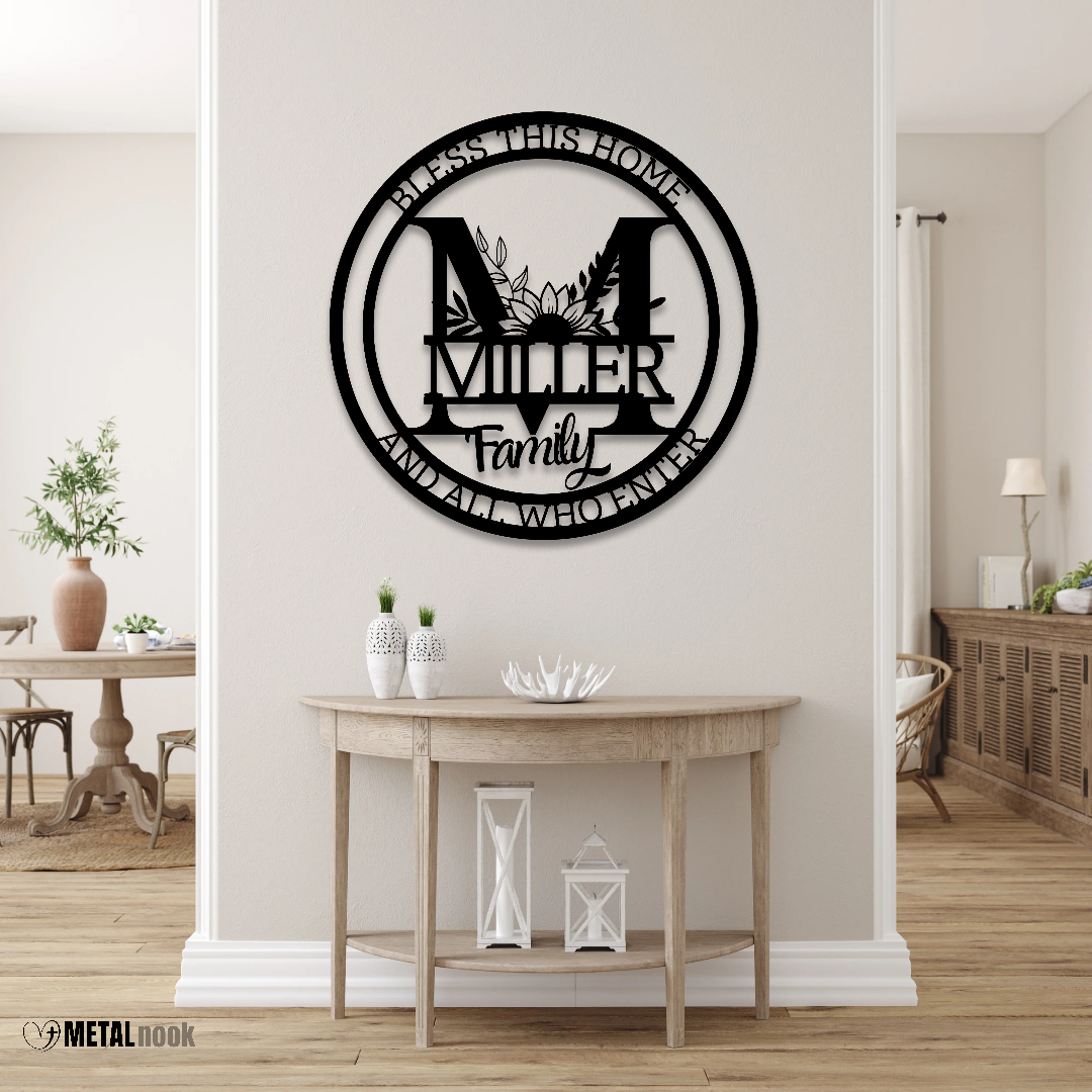Bless This Home Monogram Family Metal Sign