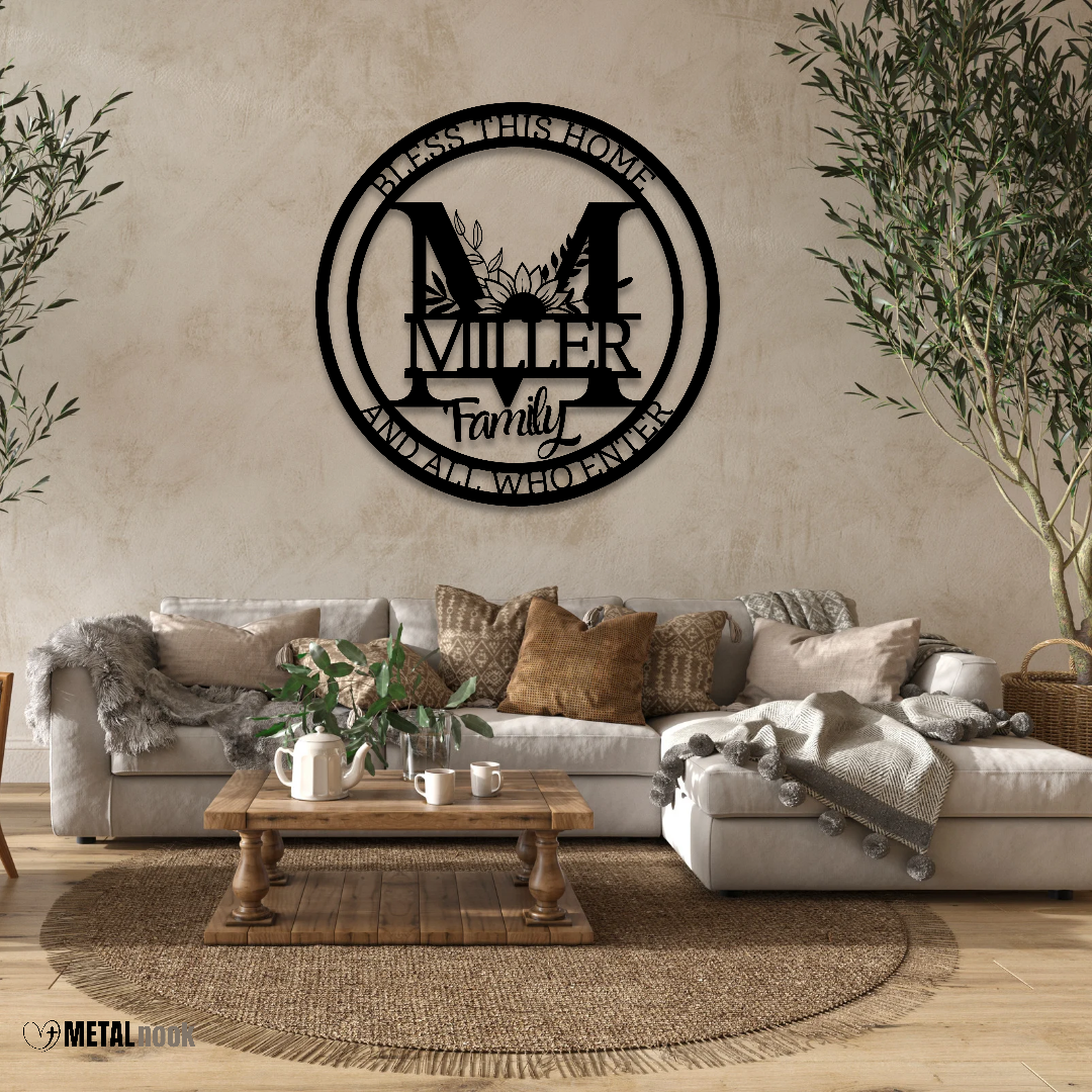 Bless This Home Monogram Family Metal Sign