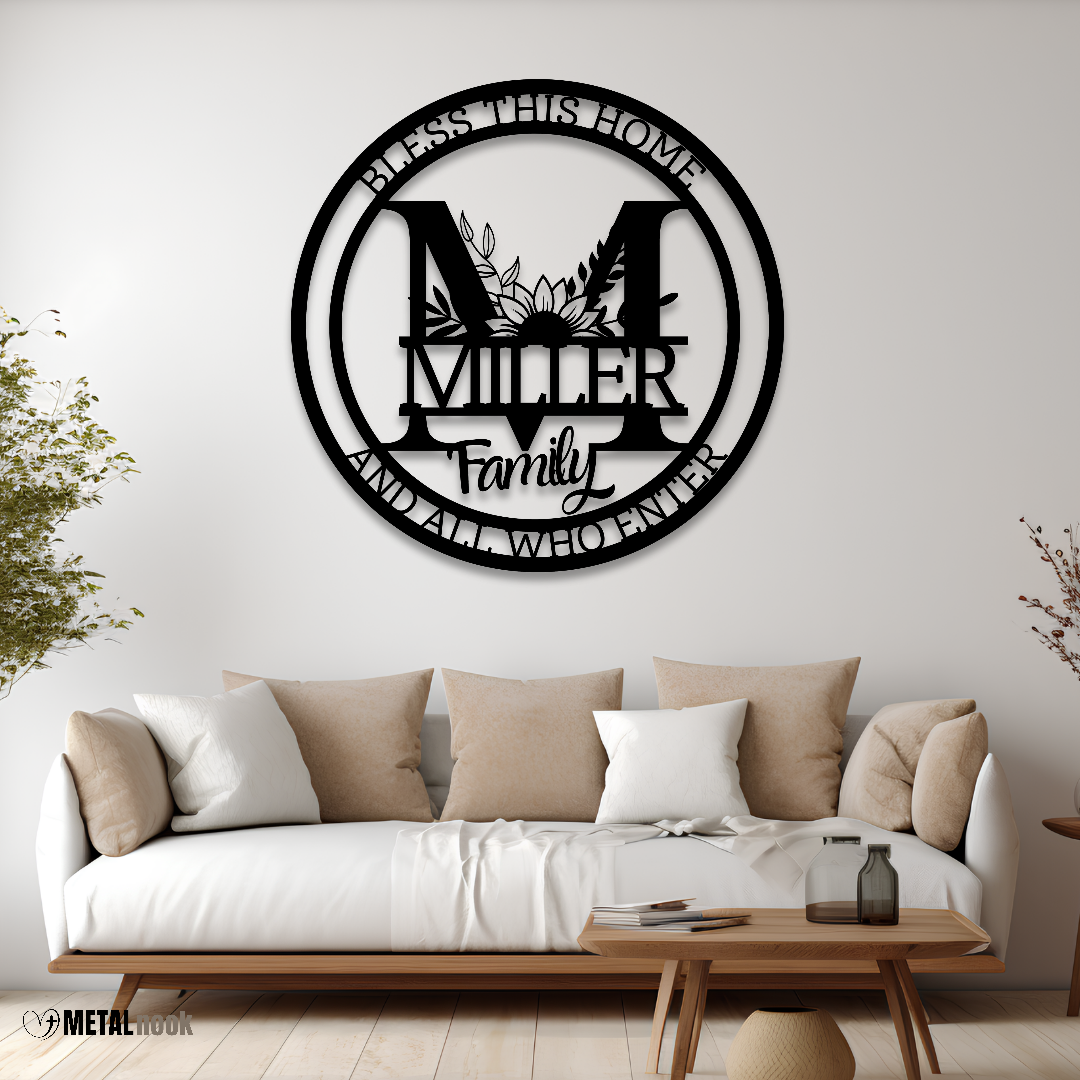 Bless This Home Monogram Family Metal Sign