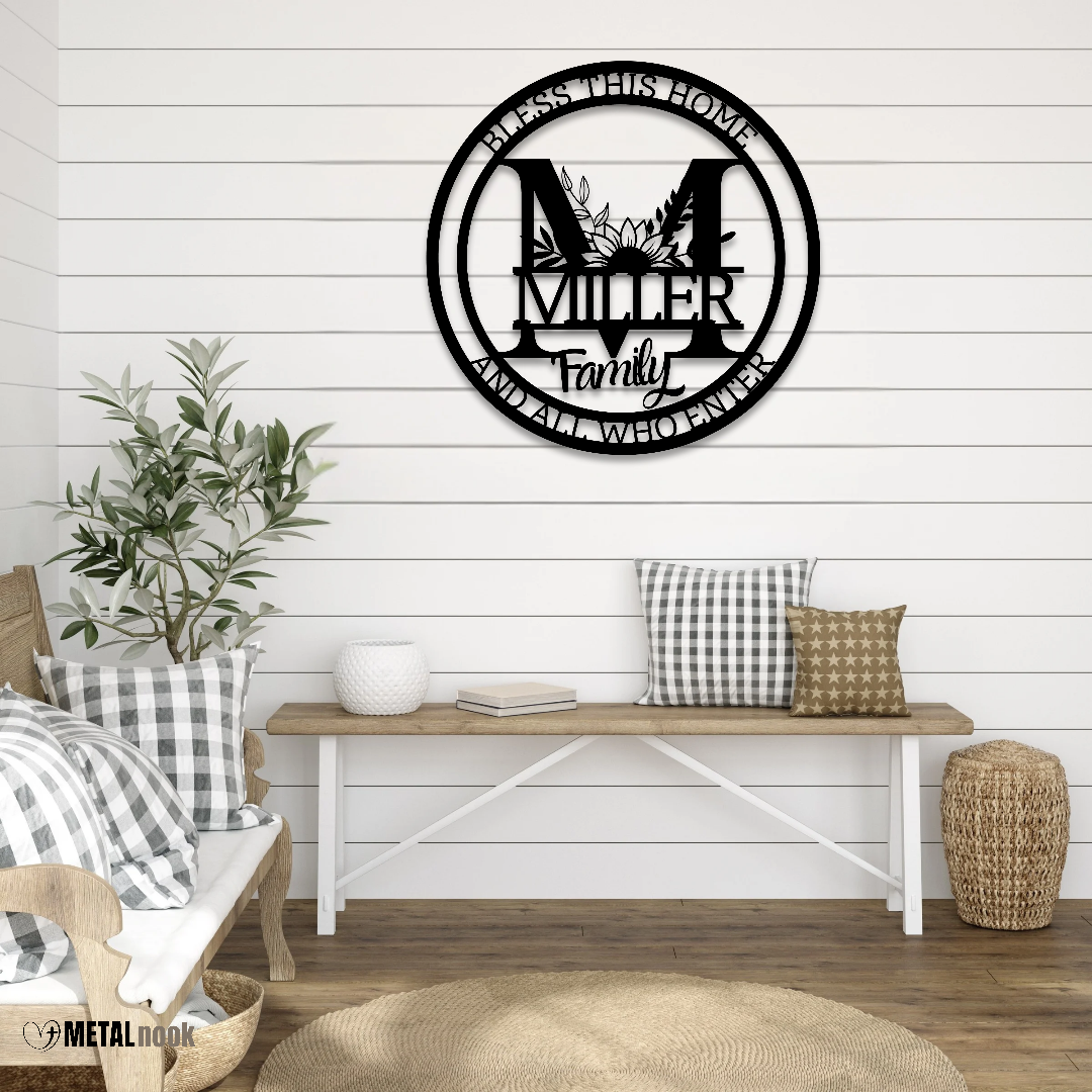 Bless This Home Monogram Family Metal Sign