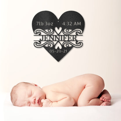 Newborn Birth Stats- Personalized Heart Metal Sign