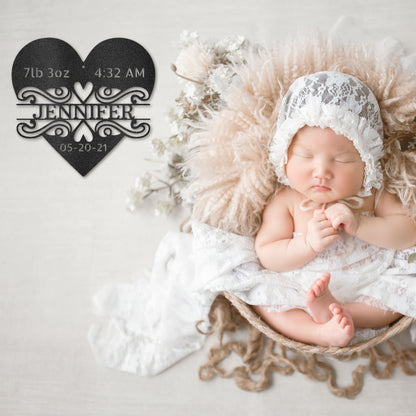 Newborn Birth Stats- Personalized Heart Metal Sign